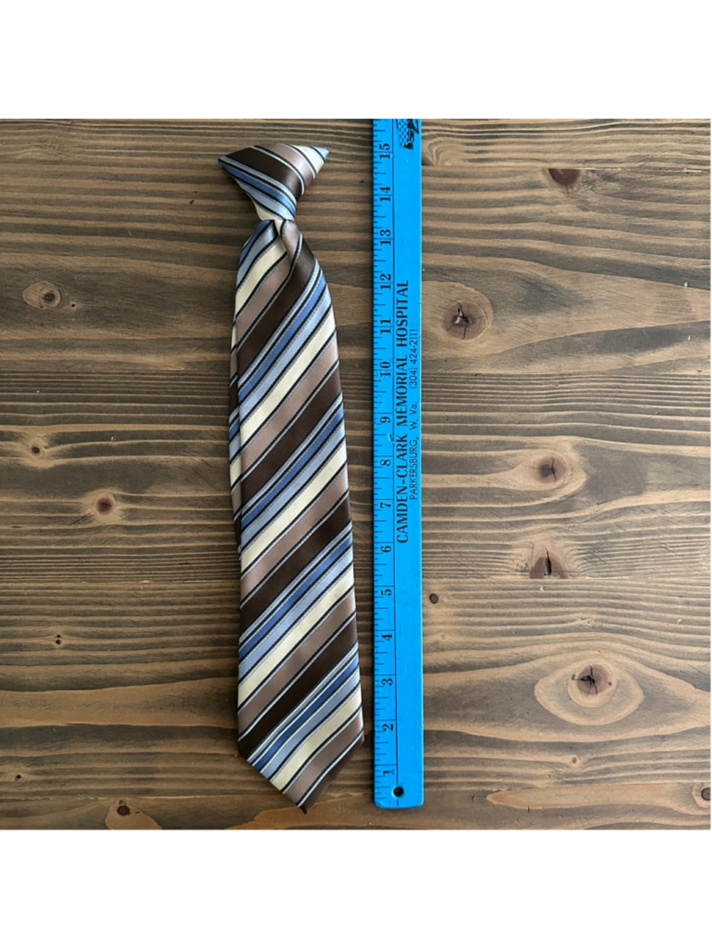 Bergamo New York Boys Brown Blue Beige Striped Clip-On Tie Handmade Pre-Tied 15